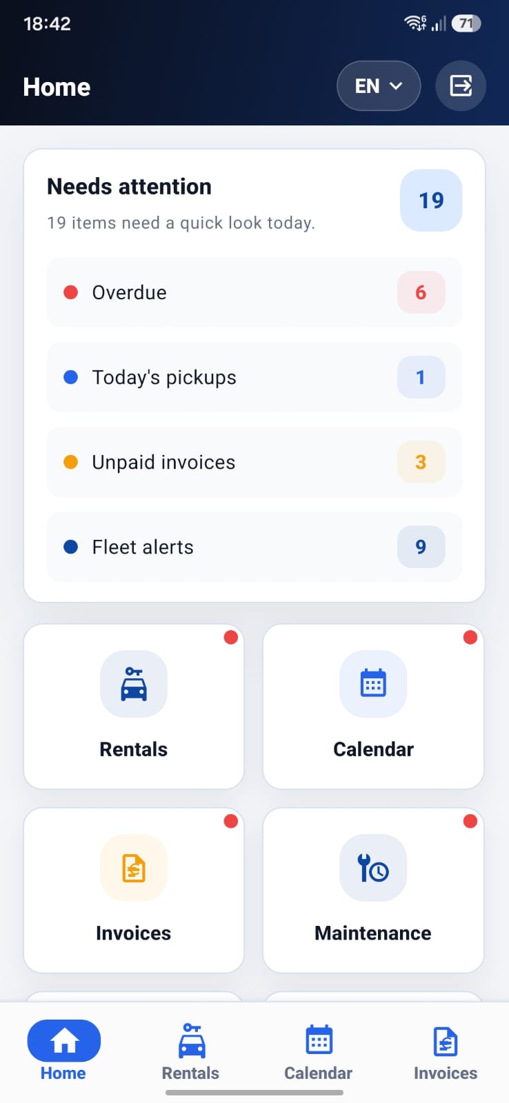 RentMan mobile home dashboard