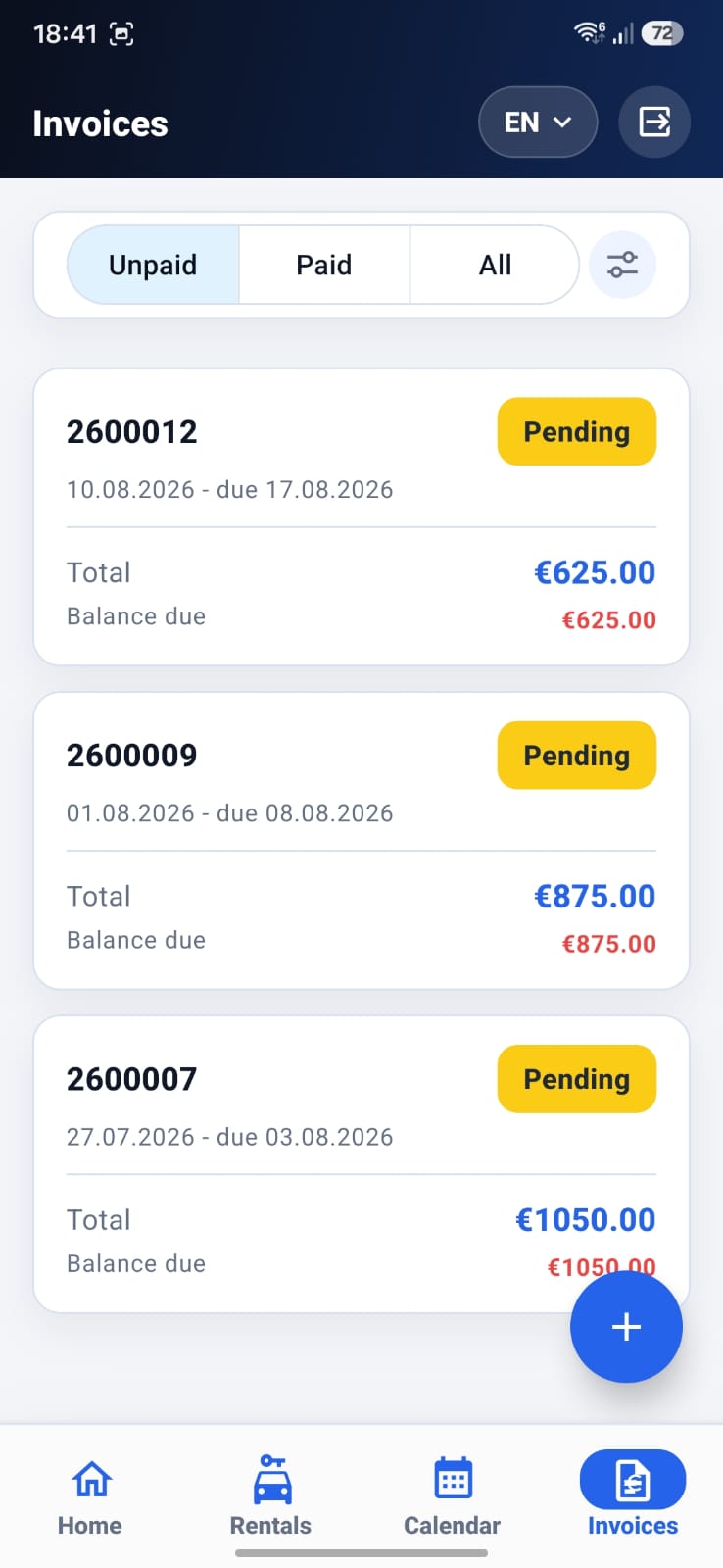 RentMan mobile invoices list