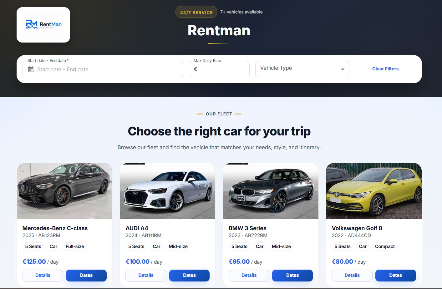 RentMan booking website interface